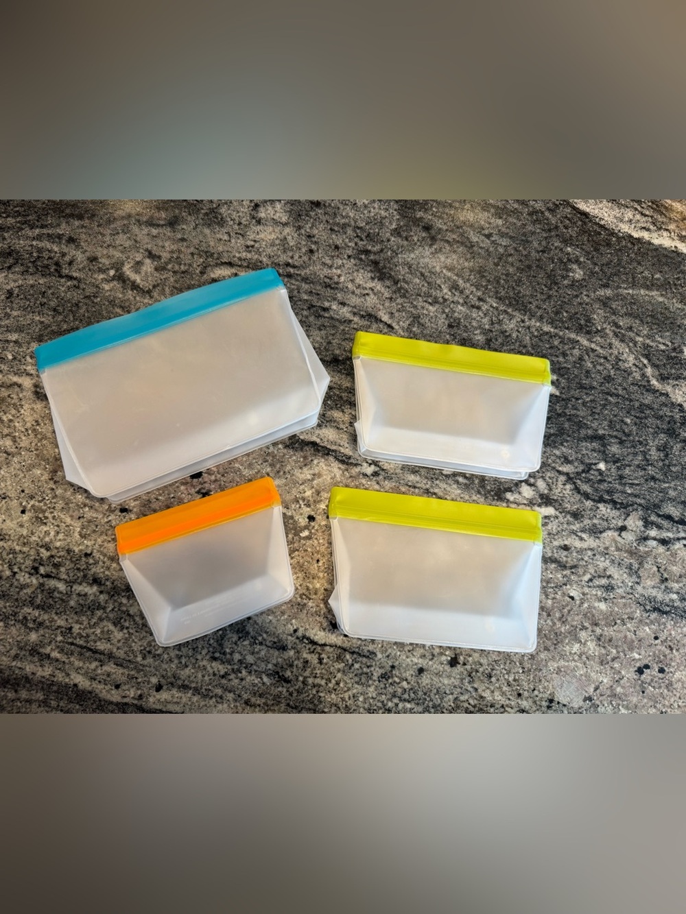 Rezip Reusable Stand Up Bags Set of Four Aqua Green Orange NWOT